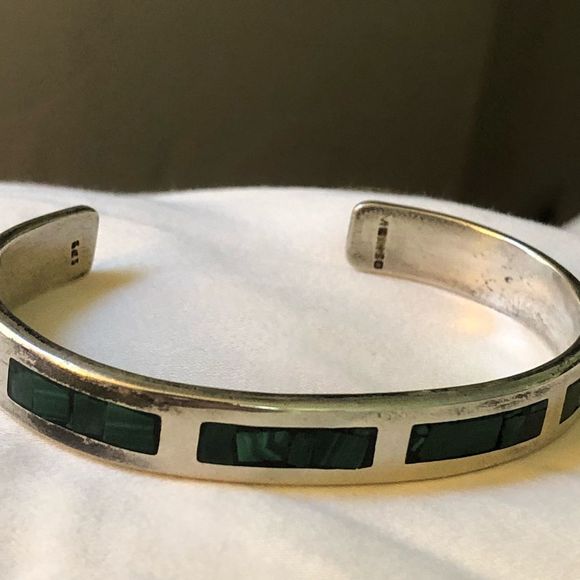 TAXCO Sterling Silver & Malachite Cuff Bangle Bracelet - Picture 5 of 10